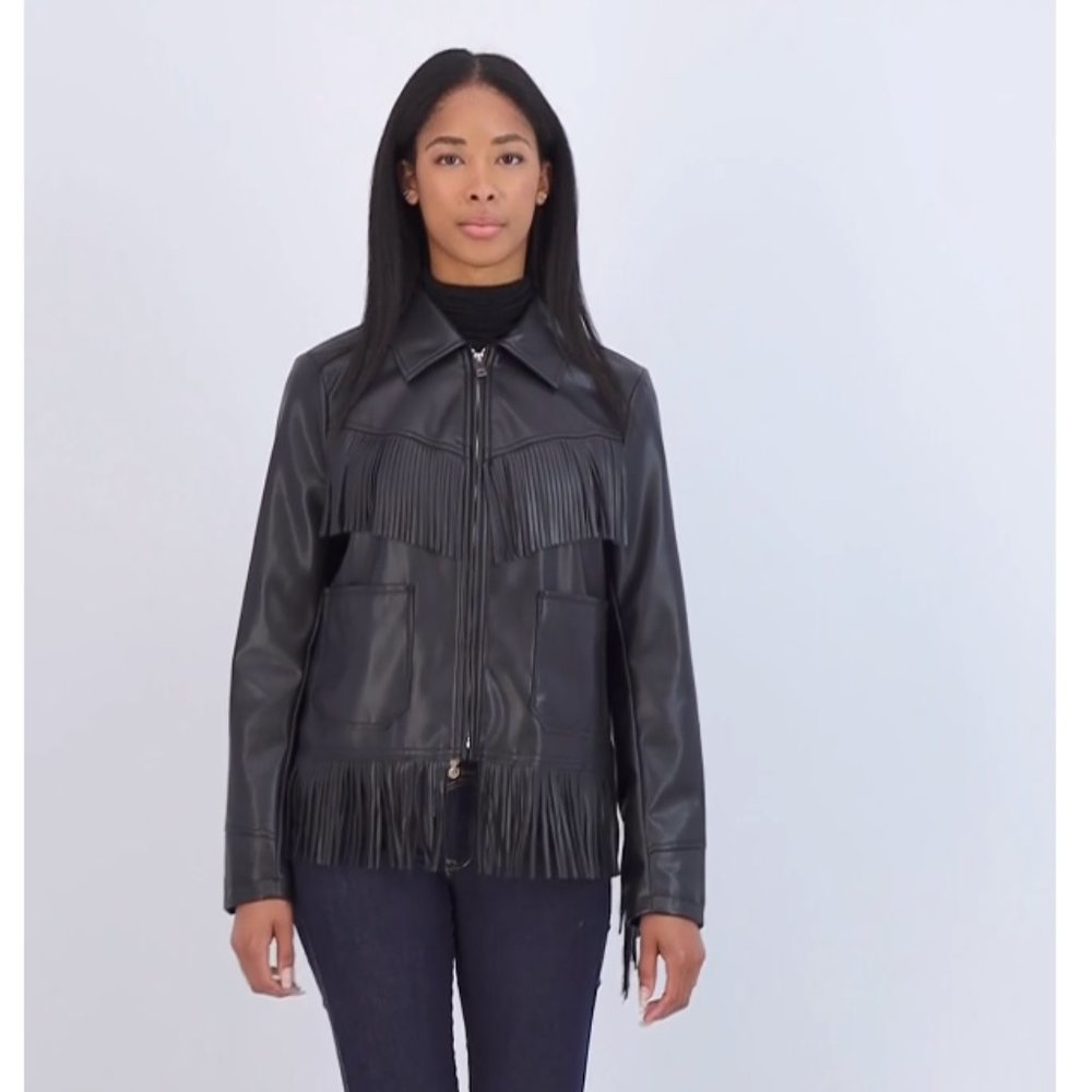 BIG SALE! Women's Black Faux-Leather Fringe Jacket By Sebby - Size M - Picture 5 of 8
